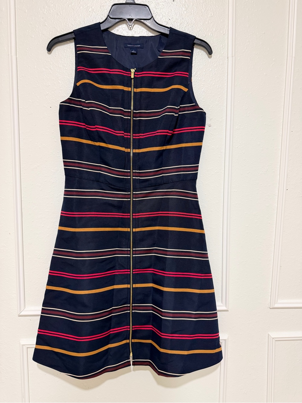 Tommy Hilfiger Navy Striped Zip-Front Dress with Pink & Mustard Accents